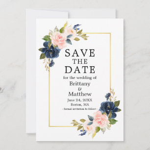 Elegant Waterverf Roze Blauwe Rozen Gold Lijst Save The Date