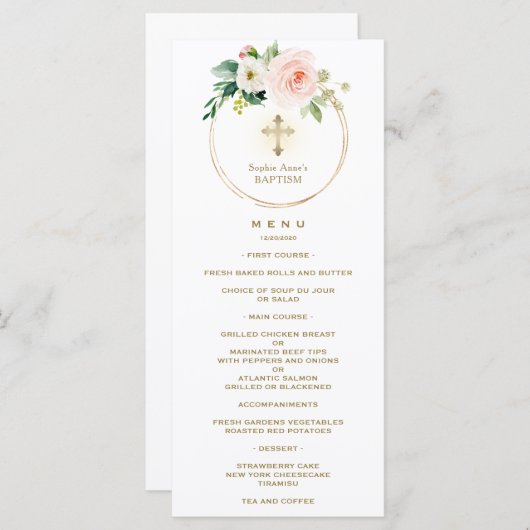 Elegant Waterverf Roze Blush Floral Baptisme Menu (Voorkant / Achterkant)