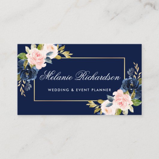 Elegant Waterverf Roze Blush Floral Blue Visitekaartje (Voorkant)
