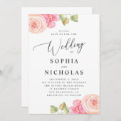 Elegant waterverf roze blush florale bruiloft kaart (Voorkant / Achterkant)