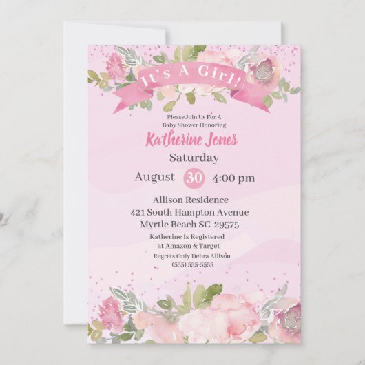 Elegant Waterverf Roze Blush Florence Baby shower Kaart (Voorkant)