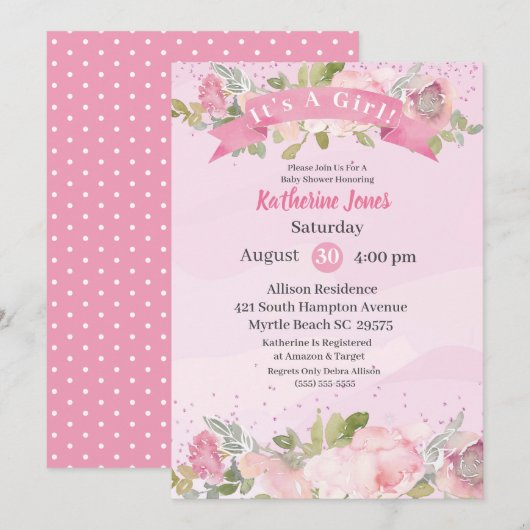 Elegant Waterverf Roze Blush Florence Baby shower Kaart (Voorkant / Achterkant)