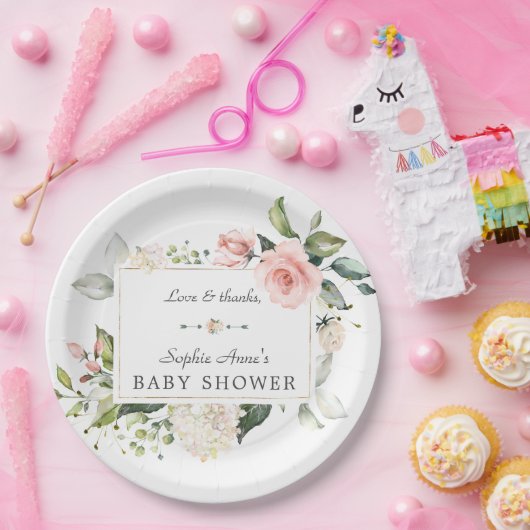 Elegant Waterverf Roze Blush Flowers Baby shower Papieren Bordje (Feest)