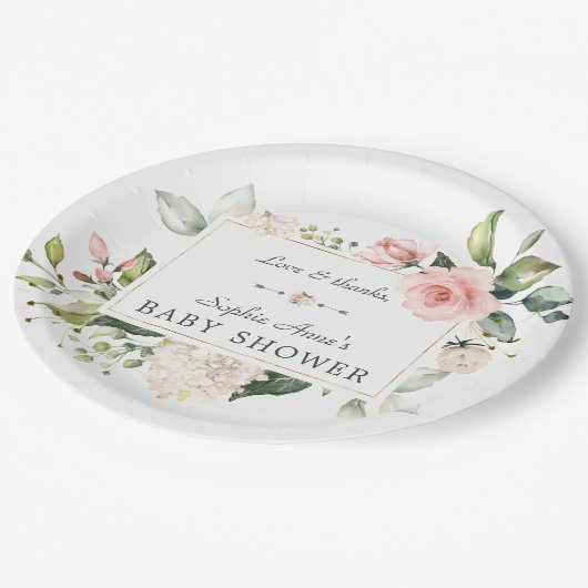 Elegant Waterverf Roze Blush Flowers Baby shower Papieren Bordje (Gekanteld)