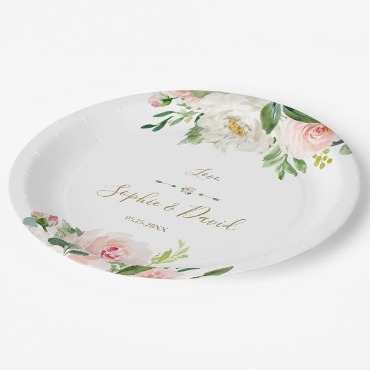 Elegant Waterverf Roze Blush Flowers Weddenschap Papieren Bordje (Gekanteld)