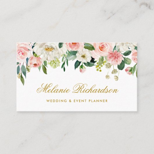 Elegant Waterverf Roze Blush White Floral Gold Visitekaartje (Voorkant)