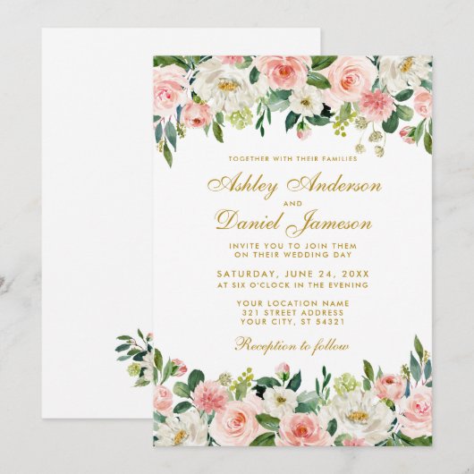 Elegant Waterverf Roze Blush White Floral Wedding Kaart (Voorkant / Achterkant)