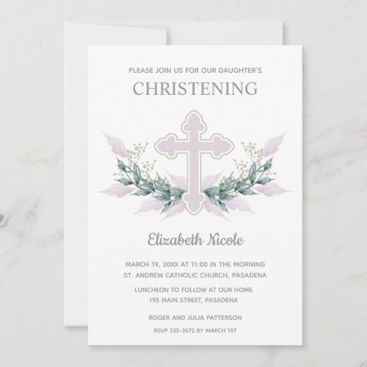 Elegant Waterverf Roze Christening Uitnodigingen (Voorkant)