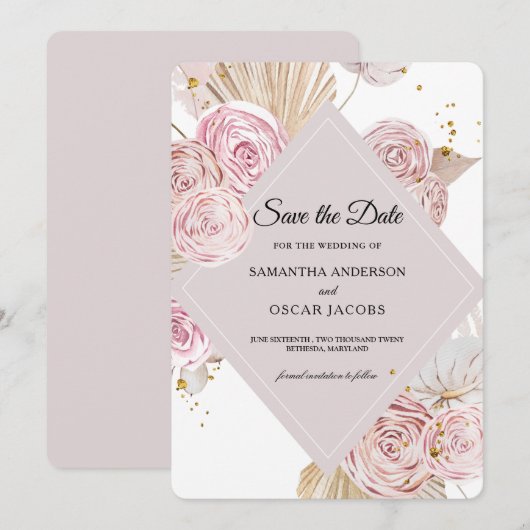 Elegant Waterverf Roze en Paars Lijst Save The Date (Voorkant / Achterkant)