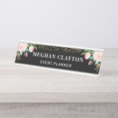 Elegant Waterverf Roze Floral Black Bureau Naambordje (Voorkant)