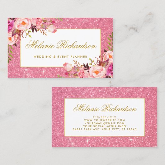 Elegant Waterverf Roze Floral Glitter Visitekaartje (Voorkant / Achterkant)