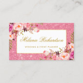 Elegant Waterverf Roze Floral Glitter Visitekaartje (Voorkant)