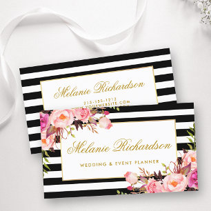 Elegant Waterverf Roze Floral Gold Lijst Striped Visitekaartje