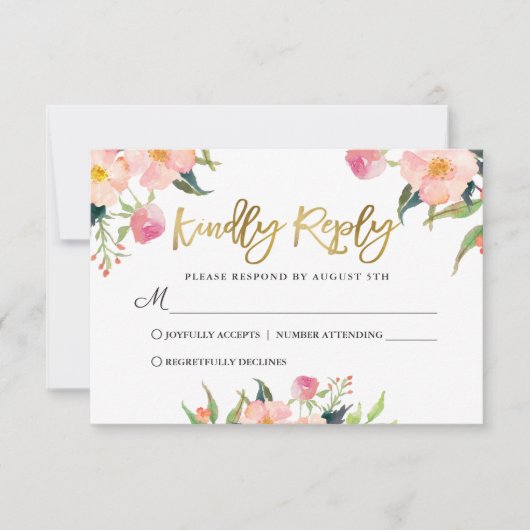 Elegant Waterverf Roze Floral Gold Script RSVP Kaartje (Voorkant)