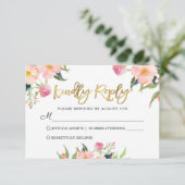 Elegant Waterverf Roze Floral Gold Script RSVP Kaartje (Staand voorkant)