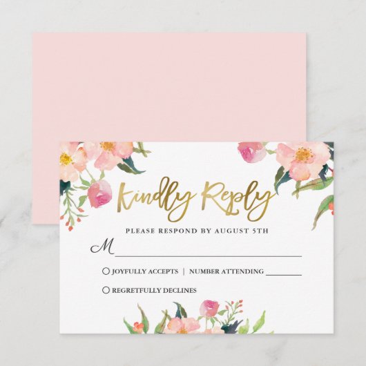 Elegant Waterverf Roze Floral Gold Script RSVP Kaartje (Voorkant / Achterkant)
