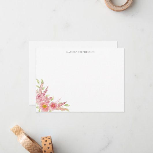 Elegant  Waterverf Roze Floral Notitiekaartje (Voorkant / Achterkant in situ)