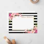 Elegant Waterverf Roze Floral Striped Notitiekaartje (Voorkant / Achterkant in situ)