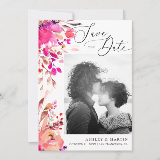 Elegant waterverf roze florale herfst herfstbruilo save the date (Voorkant)