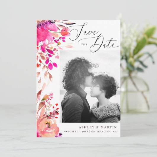 Elegant waterverf roze florale herfst herfstbruilo save the date (Staand voorkant)