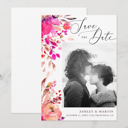 Elegant waterverf roze florale herfst herfstbruilo save the date (Voorkant / Achterkant)