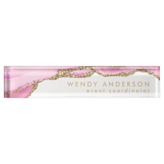 Elegant Waterverf Roze Glitter Agate Naambordje (Voorkant)