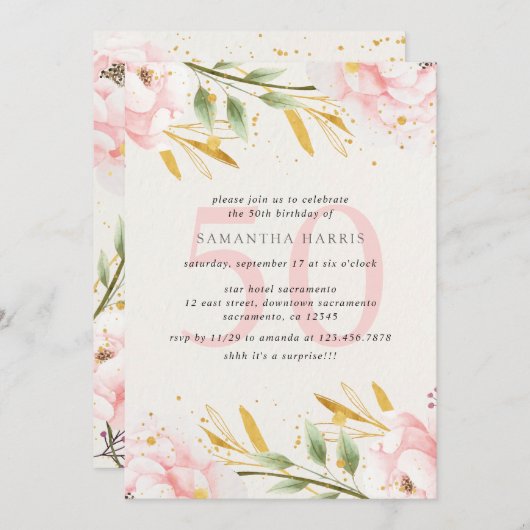 Elegant Waterverf Roze & Gold 50e verjaardag Kaart (Voorkant / Achterkant)