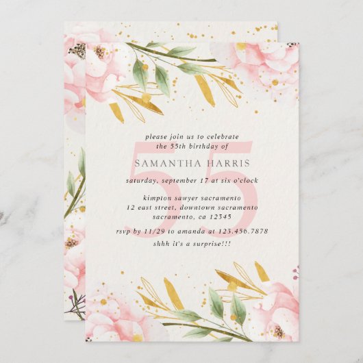 Elegant Waterverf Roze & Gold 55e verjaardag Kaart (Voorkant / Achterkant)