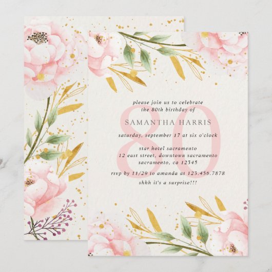Elegant Waterverf Roze & Gold 80e verjaardag Kaart (Voorkant / Achterkant)