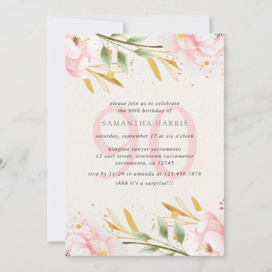 Elegant Waterverf Roze & Gold 90th Birthday Party Kaart (Voorkant)