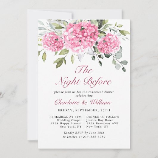 Elegant Waterverf Roze Hydrangea repetitie diner Kaart (Voorkant)
