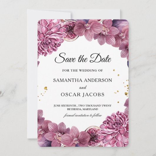 Elegant Waterverf Roze & Paarse Orchids & Figuren Save The Date (Voorkant)