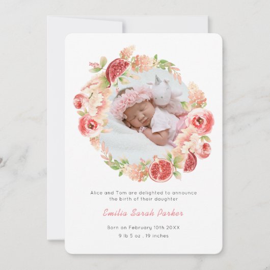 Elegant Waterverf Roze Rose Floral Foto Birth Aankondiging (Voorkant)