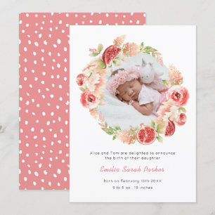 Elegant Waterverf Roze Rose Floral Foto Birth Aankondiging