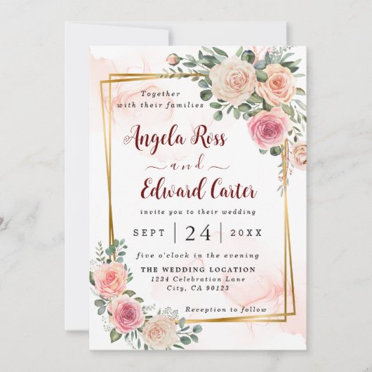 Elegant Waterverf roze Roses Wedding Uitnodiging (Voorkant)