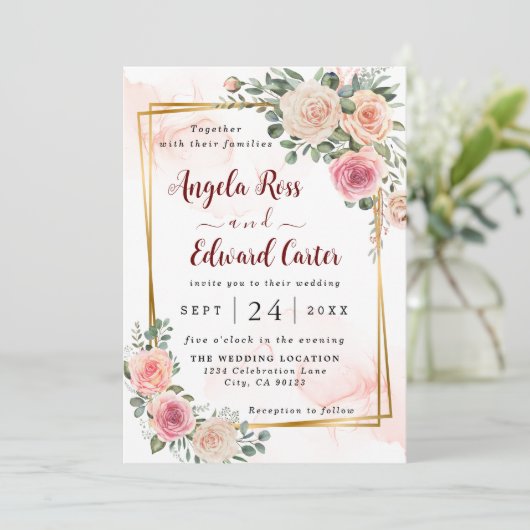 Elegant Waterverf roze Roses Wedding Uitnodiging (Staand voorkant)