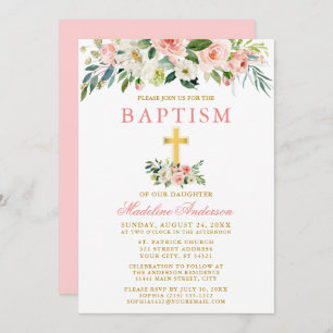 Elegant Waterverf Roze White Floral Gold Baptisme Kaart