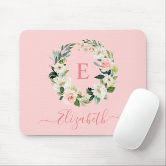 Elegant Waterverf Roze White Floral Monogram Muismat