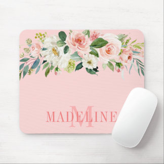 Elegant Waterverf Roze White Floral Monogram Muismat