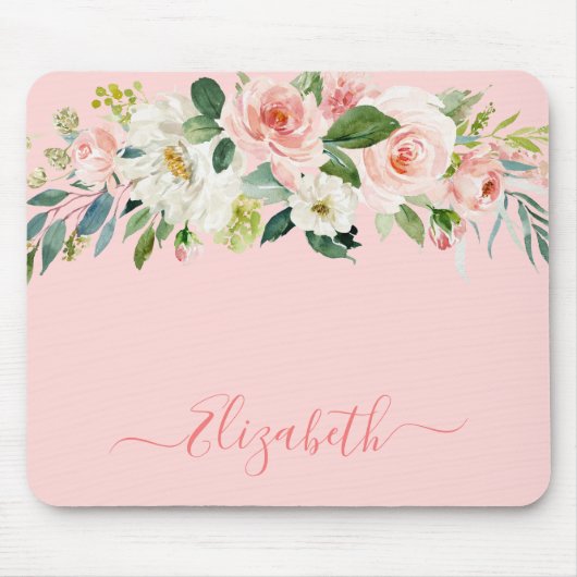 Elegant Waterverf Roze White Floral Trendy Script Muismat (Voorkant)