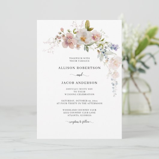 Elegant Waterverf Roze wilde bloemen bruiloft Kaart (Staand voorkant)