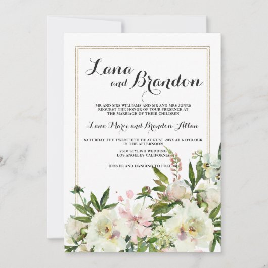 Elegant waterverf roze witte goudflorale bruiloft kaart (Voorkant)