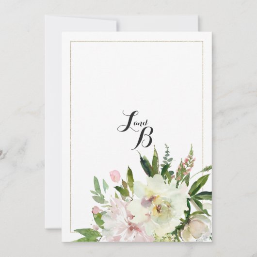Elegant waterverf roze witte goudflorale bruiloft kaart (Achterkant)