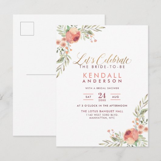 Elegant Waterverf Rozen Floral Vrijgezellenfeest Uitnodiging Briefkaart (Voorkant / Achterkant)