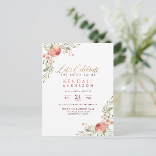 Elegant Waterverf Rozen Floral Vrijgezellenfeest Uitnodiging Briefkaart (Staand voorkant)