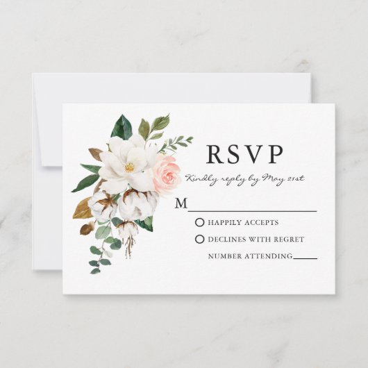 Elegant Waterverf Rozen Magnolias Wedding RSVP Kaartje (Voorkant)