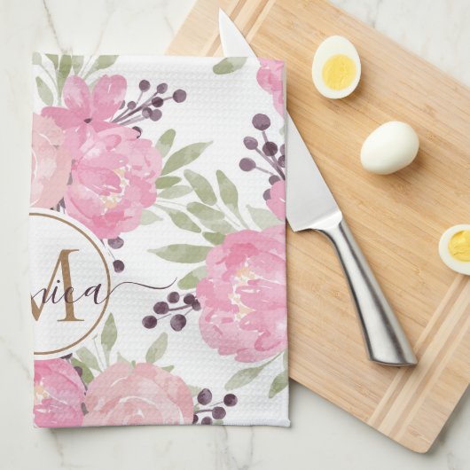 Elegant Waterverf Rozen Pattern Gold Monogramed Theedoek (Quarter Fold)