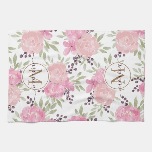 Elegant Waterverf Rozen Pattern Gold Monogramed Theedoek (Horizontaal)