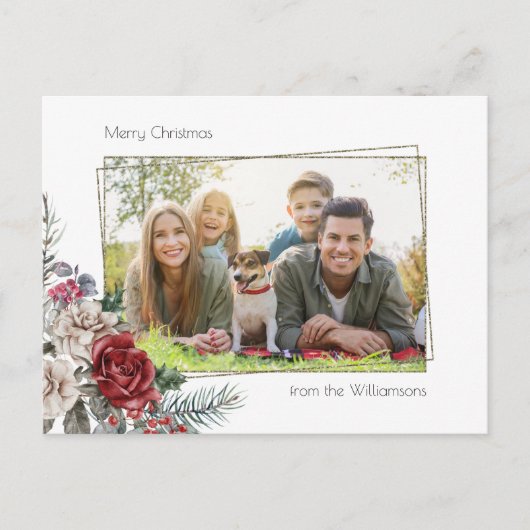 Elegant Waterverf Rozen, Pine & Gold Lijst Foto Briefkaart (Voorkant)