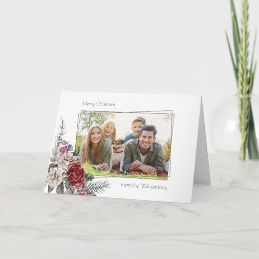 Elegant Waterverf Rozen, Pine & Gold Lijst Foto Feestdagen Kaart (Voorkant)